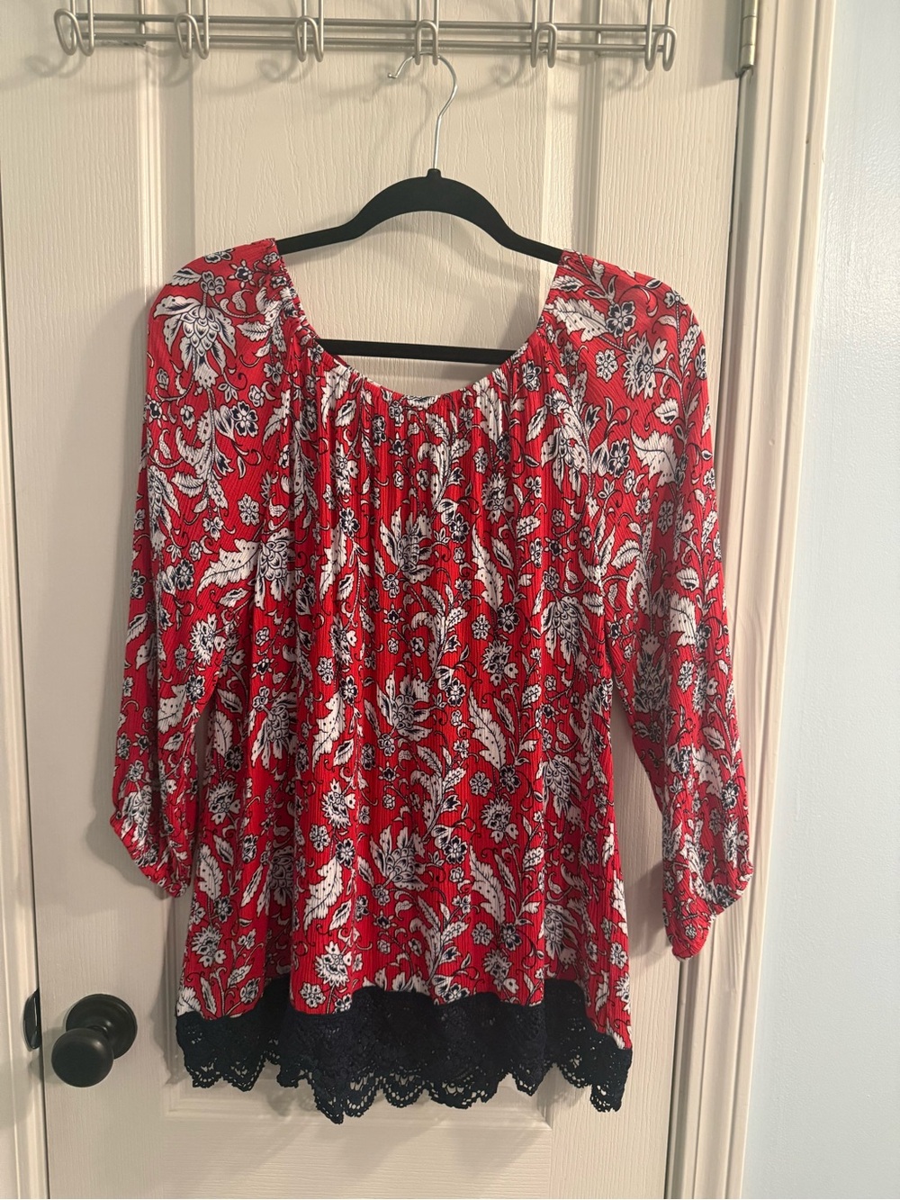 Ruby Rd. Red Floral Tunic with Navy Lace Hem